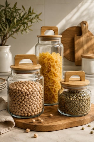 Serra - 3'lü Vakumlu Bambu Tutmalı Kapaklı 640 Ml 900 Ml 1400 Ml Kavanoz Takımı Şeffaf