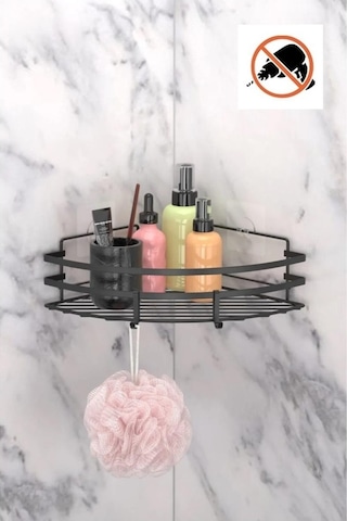 Tekno Tel St-107 Yapışkanlı Kancalı Köşelik Banyo Rafı Siyah