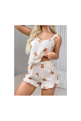 Lily Bianca Nightwear Ayıcık Desenli Askılı Ve Şortlu Penye Gecelik Krem