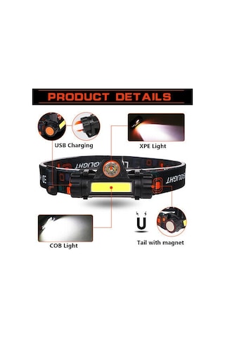 1200 Lümen Cob Led Şarjlı Kafa Lambası Şarjlı Kafa Feneri 1 Adet Siyah