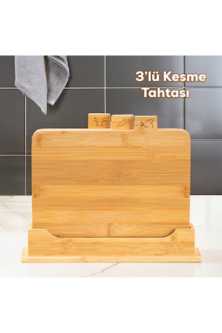 Porsima 16668 Piero Bambu 3'lü Standlı Kesme Tahtası Kesim Panosu