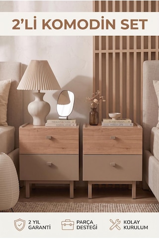 Robin Home 2'li Komodin Set 2 Çekmeceli Ahşap Ayaklı Kumsal-sepet