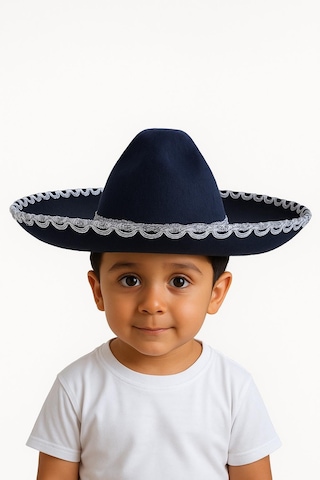 Meksika Mariachi Latin Şapkası Lüks 41cm Siyah Zemin Üstüne Gümüş Sim Kenarlıklı Parti Kostümü