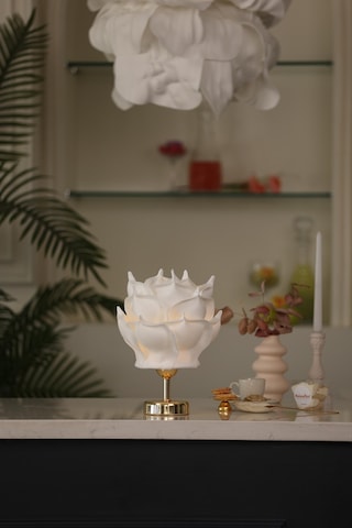 Beyaz Eva Gül Tasarım Şarjlı Masa Lambası - Alt Parlak Gold Altın