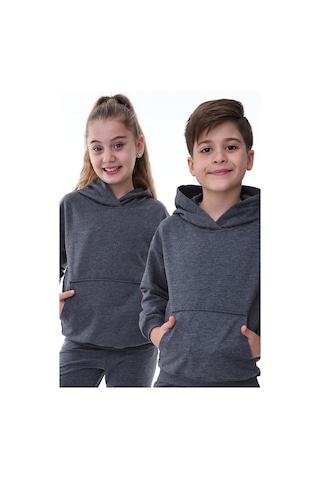 Zuzunga Basic Kapüşonlu Şardonlu Kanguru Cep Detaylı Çocuk Sweatshirt 3-10 Yaş Füme
