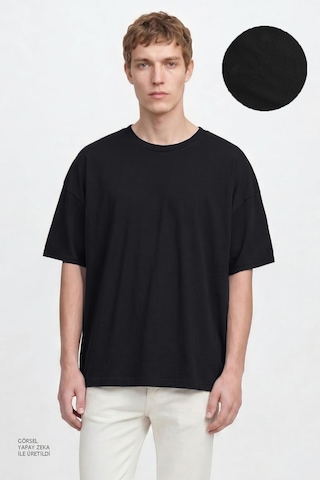 Ac&Co / Altınyıldız Classics Erkek Sıyah Pamuklu Nefes Alan Terletmez Oversize Fit Rahat Kesim Bisiklet Yaka Tişört SIYAH