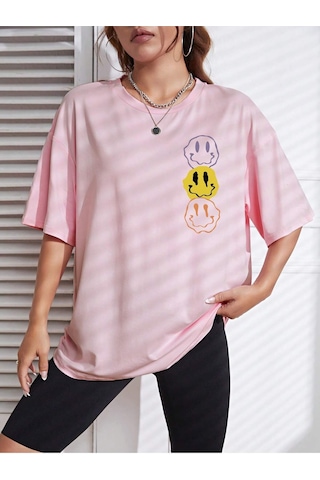 Noıssey Karikatür Ve Grafik Tasarım Oversize T-shirt Cartoon/letter Serisi Kod44 Pembe