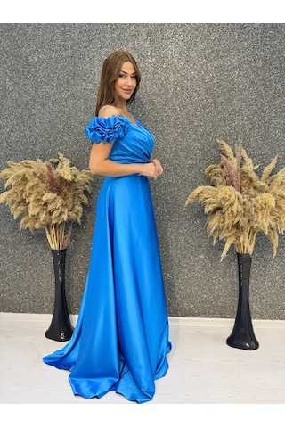 E&a Eren Abiye Madonna Yaka Derın Yırtmaclı Saten Mavi