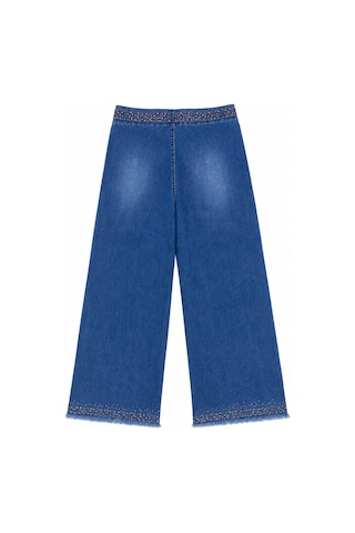 Büyük Beden Kemerli Likralı Taşlı Denim Kadın Pantolon Mavi