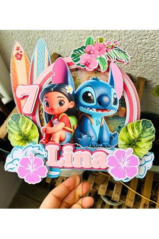 Stitch Temalı İsme Özel Kız Çocuk Doğum Günü Pasta Süsü