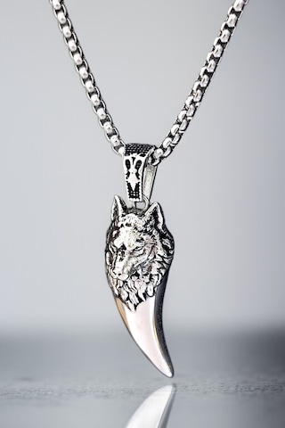Ak Store Silver Gümüş Kaplama Krom-Çelik Erkek Kolye Madalyon Kurt Dişi Üzerine Bozkurt İşleme