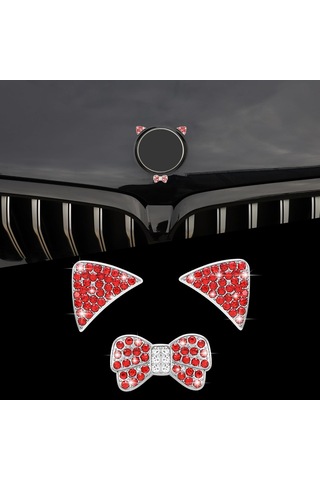3 Adet Kırmızı Parlak Araba Aksesuarları Dıy Kedi Çıkartmaları Elmas Araba İç Dekorasyonu Kristal Kedi Kulakları Çıkartmaları Parlak Logo F