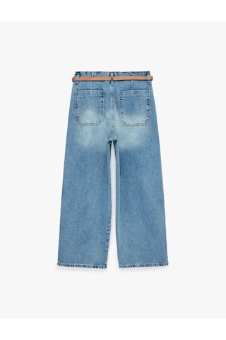 Koton Yüksek Bel Pamuklu Kemerli Kısa Geniş Paça Denim Pantolon - Wide Leg Jean Açık İndigo 6sal40096md