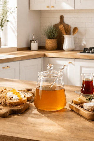 Porsima Lm-0019 Kaşıklı Kapaklı Cam Şekerlik Sunumluk Bal Ve Reçel Kavanozu Saklama Kabı 500ml Şeffaf