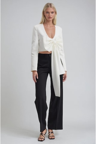 Büyük Fiyonk Detaylı Derin V Yaka Crop Blazer Ceket 6188 Beyaz
