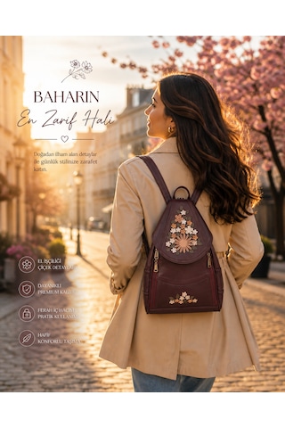 Durush Collection Hakiki Deri, Tasarım El İşlemesi Çiçekli Bordo Sırt Çantası