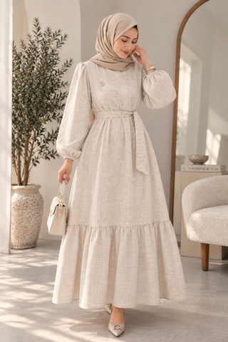 Maşuka Bej Renk Nada Kumaş Kuşaklı Broş Detaylı Yazlık Bohem Elbise Soft Bej Soft Bej