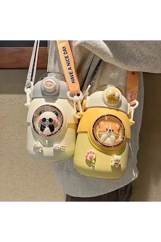 Elmpaly Çocuklar Termos Şişe Kawaii 700ml Paslanmaz Brown & Stickers Çok Renkli