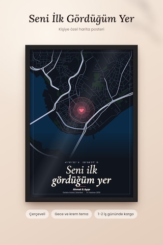 Kişiye Özel Harita Posteri Çerçeveli Seni İlk Gördüğüm Yer Hediye Tablo Siyah
