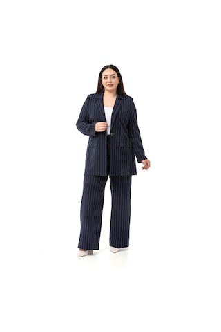 Büyük Beden Çizgili Lacivert Ceket Pantolon İkili Takım Lacivert
