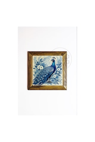 Artavessa Masif Ahşap Çerçeveli Taş Tablo Pano 16 x 16 cm - Tavus Kuşu 1
