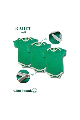 Betül Bebek Kısa Kollu 3'lü %100 Organik Pamuk Çıtçıtlı Bebek Body & Zıbın 3adet Yeşil