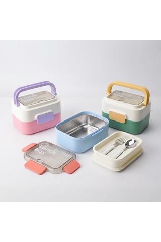 Lexroo Deconox Paslanmaz Çelik Hazneli Kulplu Yemek Kabı 1010 Ml, Bölmeli Lunch Box Seti Çok Renkli