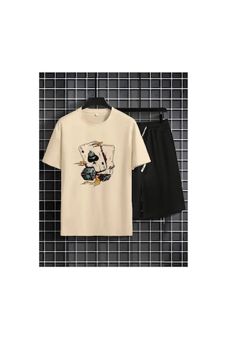 Medinenur Zar Baskılı T-shirt Short Bol Paça Rahat Kalıp Siyah Alt Siyah Üst Short Takım Bej
