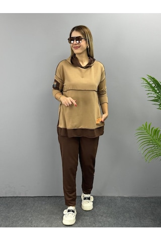 Kadın Kahve Kapşonlu Etek Ucu Detay Arma Ters Dikiş Gorunumlu Ikili Takım Sütlü Kahve