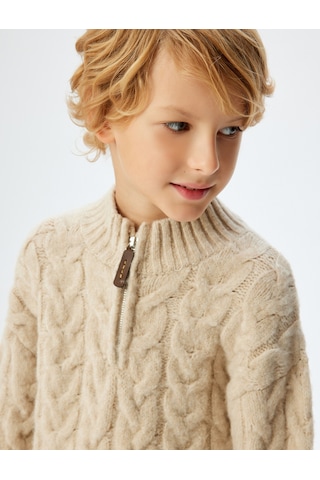 Koton Yarım Fermuarlı Saç Örgüsü Detaylı Uzun Kollu Kazak Bej 5wkb90004ht Ekru