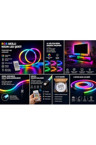 Cata Ct-4567 Rgb Akıllı Neon Led Şerit 5 Metre Kumandalı Renk Değiştiren Ip65 Suya Dayanıklı Led Işık 5 Metre Rengarenk