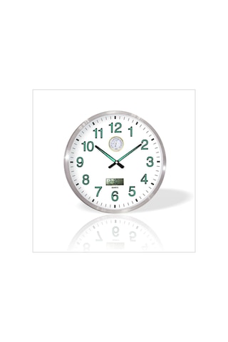Basınç Isı Sıcaklık Ölçerli Tarih Göstergeli Fosforlu Duvar Saati Gümüş - Beyaz
