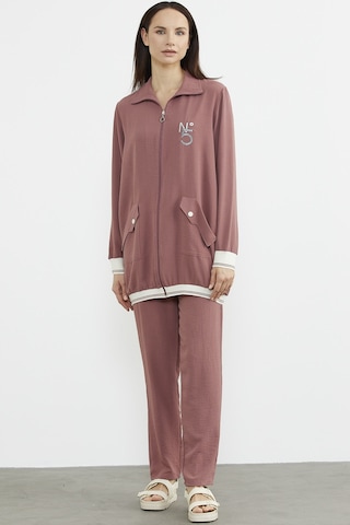 Şal Yaka Fermuarlı Krep Takım - Gül Kurusu 001