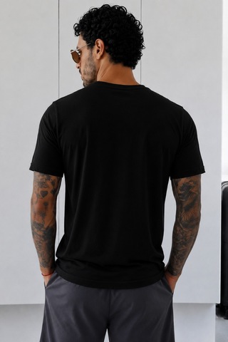 Tarz Cool Erkek Flamlı Pamuklu V Yaka Basic Slim Fit Tişört Yazlık Günlük Şık Tişört Siyah