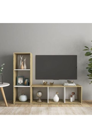 Tdesıgno Onur Kitaplıklı Televizyon Sehpası - Ünitesi -kitaplık-meşe Beyaz 120 Cm 6 Raflı Meşe - Beyaz