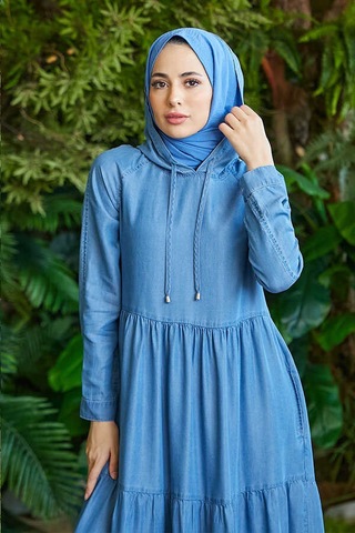 Neways 6531-Kapüşonlu Reglan Kollu Elbise Mavi