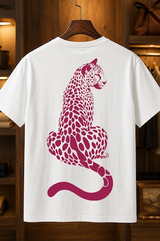 Spoyi Panter Silüeti Tasarımlı %100 Pamuk Yarım Oversize Beyaz T-shirt