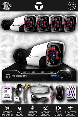 Turkno 5 Kameralı Pania 5 Dış Kamera Set 500 GB HDD Full HD Gece Görüşlü Güvenlik Kamerası Sistemi