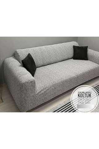 Düz Jakarlı 3 Kişilik Taş-gri Kanepe Örtüsü Lastikli Koltuk Örtüsü Çekyat Örtüsü Koltuk Kılıfı Krem