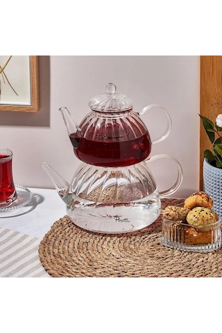 Cam Çaydanlık Seti, Borosilikat Cam, Isıya Dayanıklı, Şeffaf, Modern Tasarım, Bitki Çayı Demleme çok renkli
