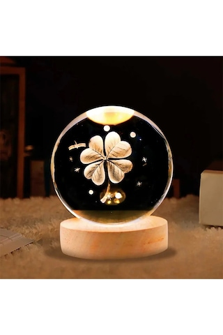Mobgift Şans Yoncası Tasarımlı Usbli Ahşap Standlı Kristal Işıklı Cam Küre Renkli