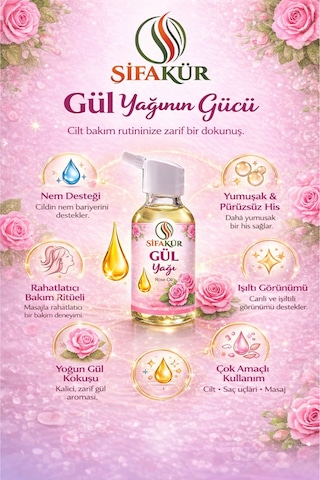 Şifakür %100 Saf Doğal Gül Yağı Damlalıklı Cilt Saç Masaj Bakımı 20ml
