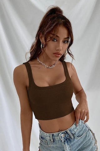 Askılı Fitilli Crop Top Bluz - Kahverengi Kahverengi