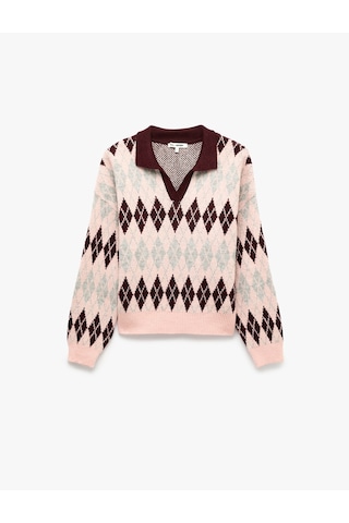 Koton Regular Fit Polo Yaka Uzun Kollu Triko Baklava Desenli Kazak Bordo Desenli 7wal90118ht