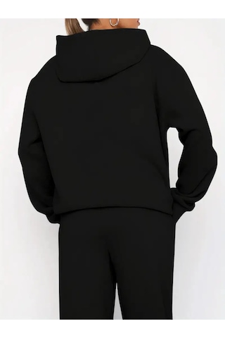 Heart Rhytym Love Baskılı Kapüşonlu Sweatshirt Ve Eşofman Altı Eşofman Takımı Siyah