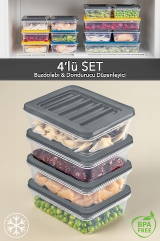 Meleni Home 4'lü Buzdolabı Organizer Mikrodalga Ve Difrize Uygun Saklama Kabı Antrasit 4 X 600 Ml Çok Renkli