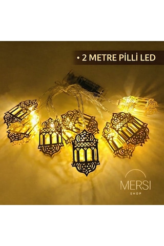 Ramazan Kandili Figürlü 2 Metre Pilli Gold Metal Dekoratif Led Işık Zinciri