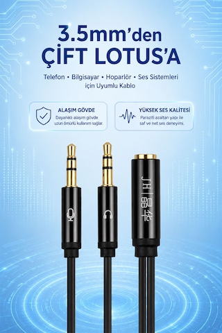 1 Dişi 2 Erkek 3.5mm Aux Kulaklık Ve Mikrofon Ses Ayırıcı Kablo - 1x 3.5mm Dişi To Erkek 2x 3.5mm Siyah