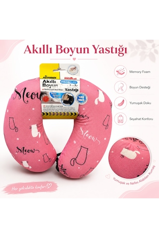 Akıllı Boyun Destek Yastığı Visco Hafızalı Süngerli Seyahat Yastığı Pembe Kedi Desenli 01