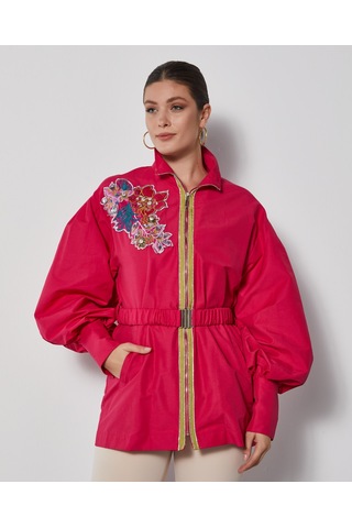 Serpil Exclusive Şık Kadın Mont- İşlemeli - Kemer Detaylı - Modern Tasarım - Günlük Kullanım İçin Mont Fuşya